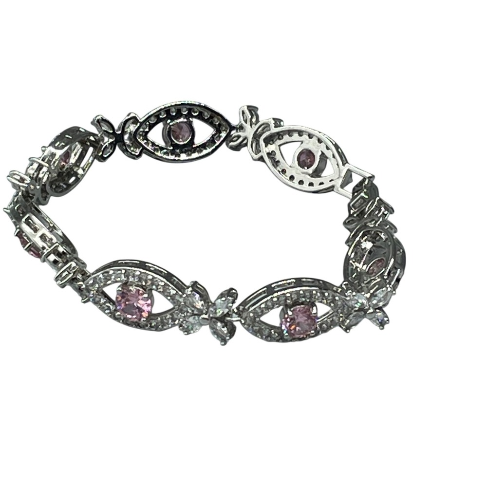 Pink Cubic Zirconia Silver Tone Marquise Link Bracelet Floral Butterfly 7.5"